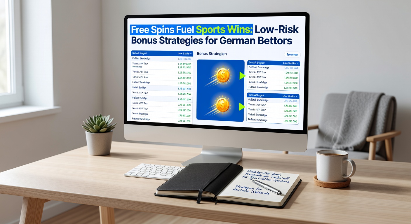 Darstellung einer Strategie-Tafel mit Free Spins, die Pfeile zu Sportwetten-Symbolen zeigen, inklusive Quoten-Beispielen